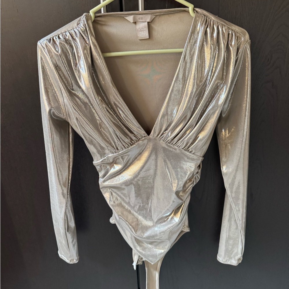 H&M Shimmering Silver V-Neck Bodysuit